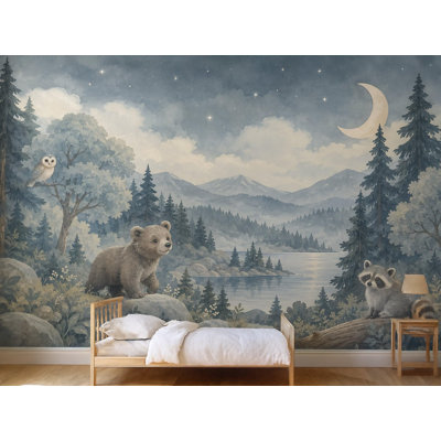 Blue Forest Wallpaper Mural, Peel and Stick Kids Room Wall Mural, Watercolor Nursery Wallpaper Made to Measure