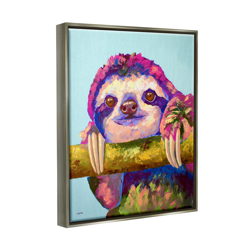 «Happy Sloth», animal sauvage audacieux - peinture, H 21 po x l 17 po x P 1,7 po, Cadre flottant gris lustré