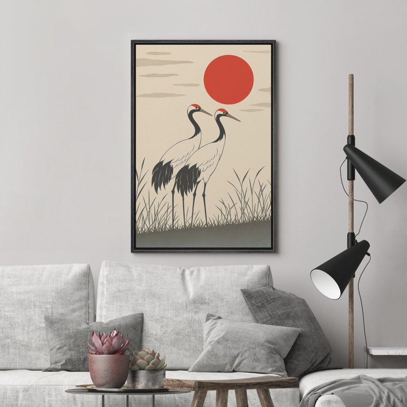 «Red Sun with Two Cranes Minimalist Nature Scene», reproduction d'art sur toile encadrée dans la chambre principale, Noir