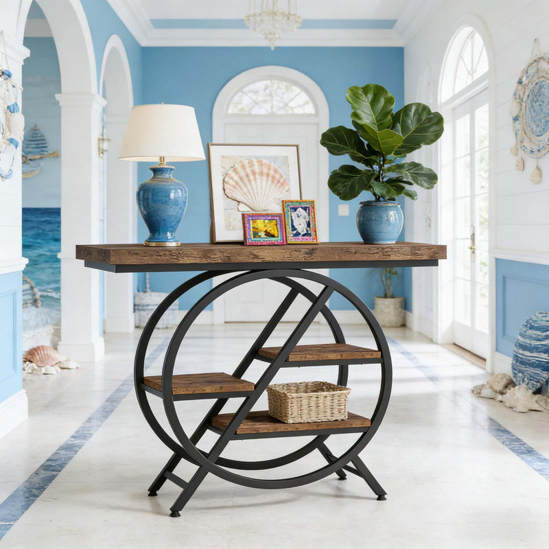 Table de couloir avec tablettes décalées, console chic pour le vestibule, table d'appoint fonctionnelle et robuste avec rangement ouvert