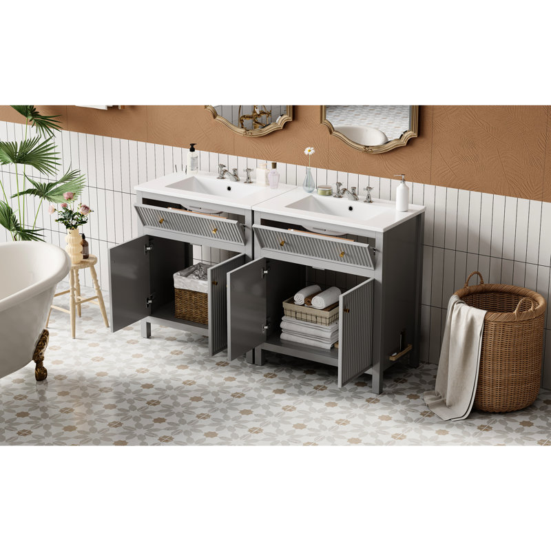 Meuble-lavabo gris 60 po avec lavabo en céramique, tiroir à fermeture en douceur et charnières de porte 60 po, quincaillerie d'armoire fonctionnelle de 60 po, qualité de fabrication