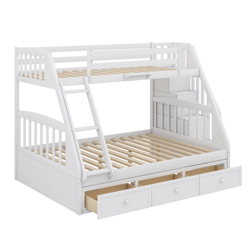 Lit superposé simple au dessus d'un lit double contemporain en bois avec escalier de rangement et échelle à 3 tiroirs, Blanc