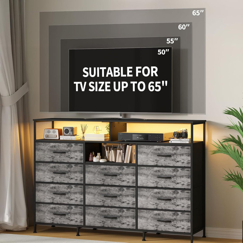 Dresser for Bedroom with 11 Fabric Drawers, 55 ” w Dresser TV Stand with Power Outlet, Gray