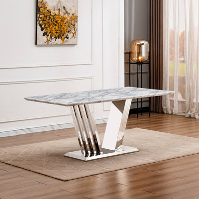 70" Marble Top Dining Table, And Comfortable Seating For 6 People Modern Silver Grey Kitchen 70'' Rectangle, High - Quality Materials Easy Assembly
