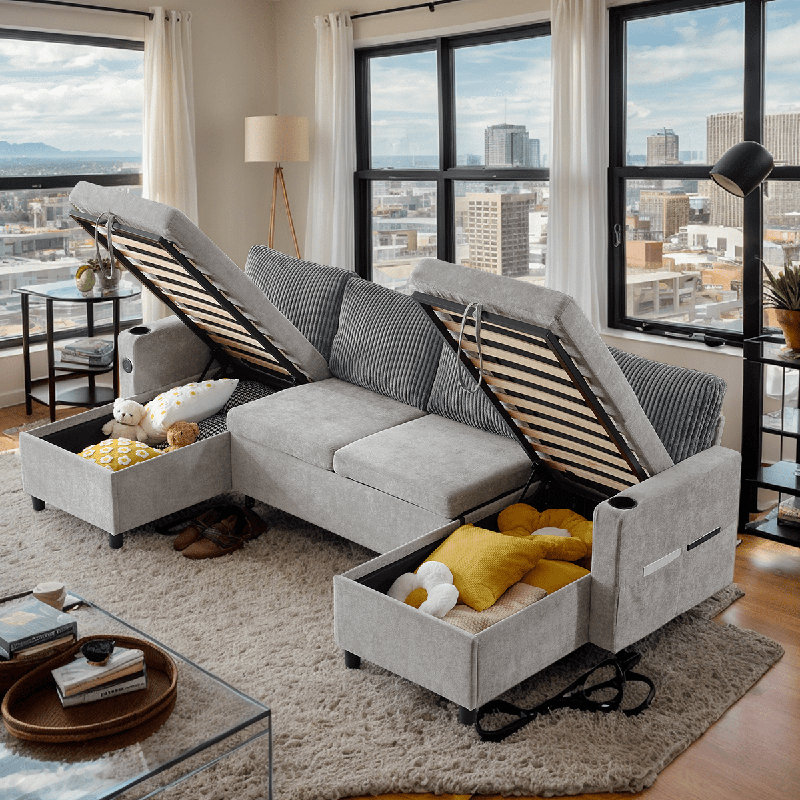 U-shaped Chenille Sofa Pull-out Sofa Bed with Large Storage Space, Grey