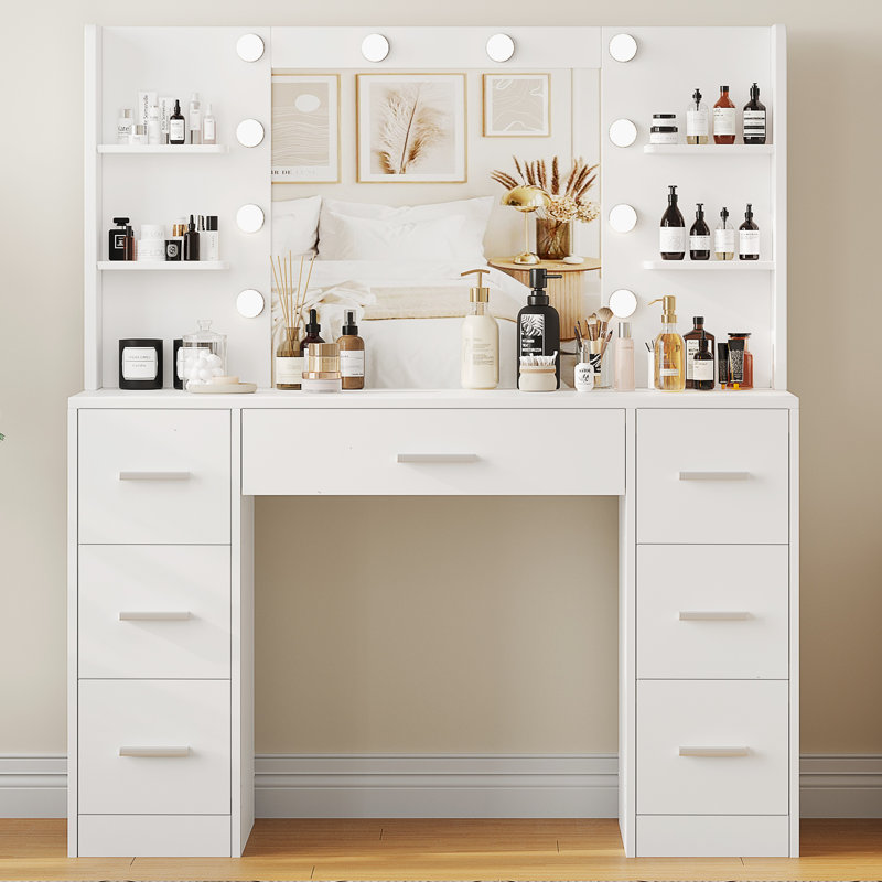 Raafay Vanity Table with Lights, Makeup Table with 7 Drawers and Side Shelf, White