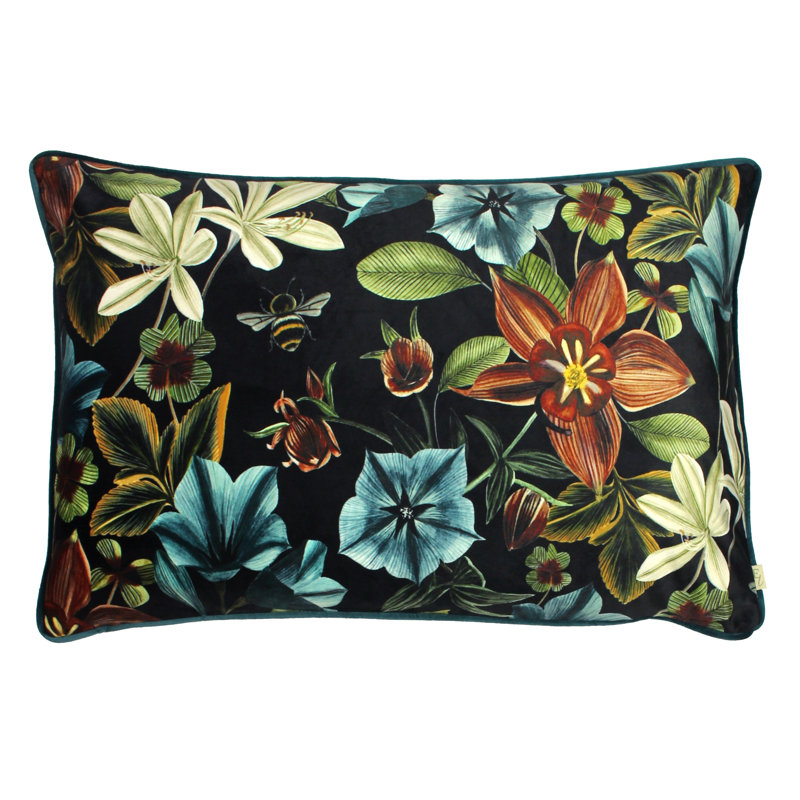 Midnight Garden Floral Velvet Piped Cushion, Feathers, Teal