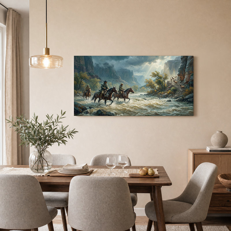 «Cowboys Riding Horses Through Rainy Canyon River», art mural, L 46 po x H 24 po