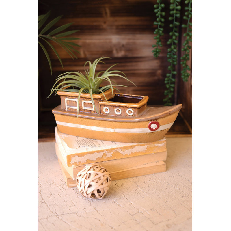  Boat-Shaped Ceramic Planter 4" H Nautical Shelf Accent Pot