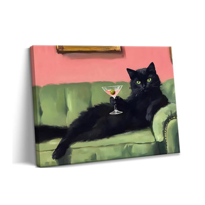 Framed Black Cat Wall Art Canvas Print, Funny Cat Holding Cocktail Painting, Vintage Lounge Martini Poster Picture, Quirky Animal Bar Living Room Bedroom Kitchen Wall Decor 12X16 Inch