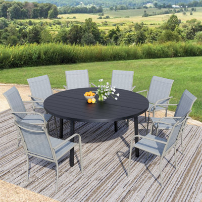 Ensemble de mobilier de patio 9 pièces, ensemble de table de patio rond noir et chaises beiges, ensemble de salle à manger d'extérieur avec trou de parasol pour le jardin, la cour et le patio