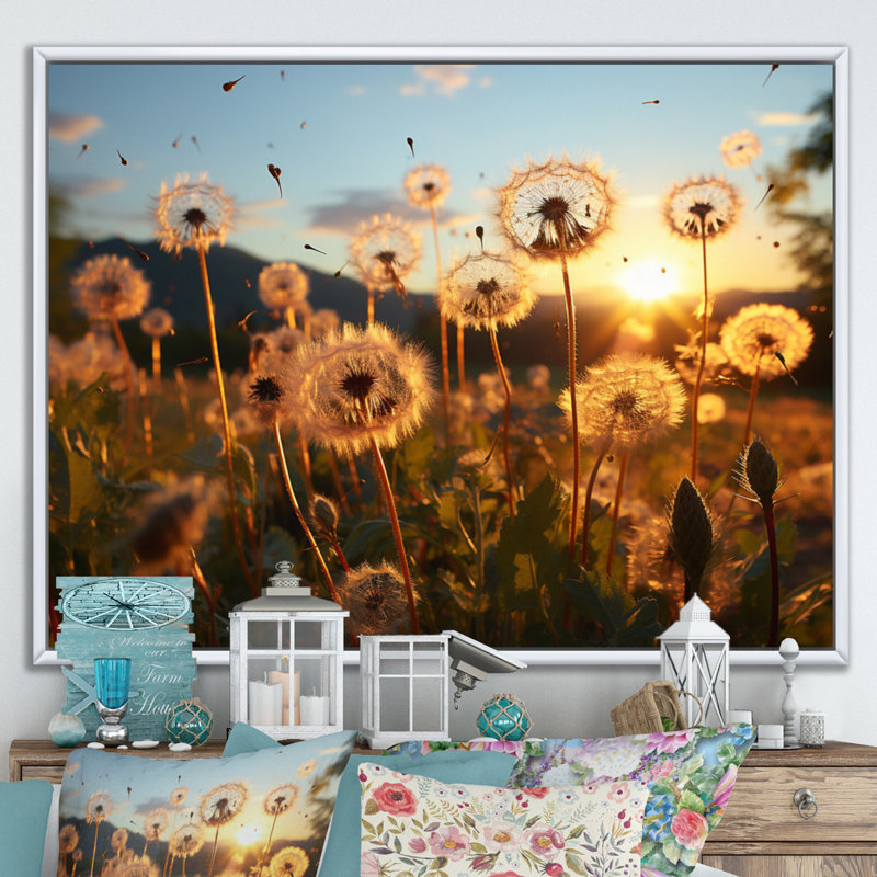 Mountain Dandelion Field III - Floral Canvas Art Print, Cadre flottant blanc, H 34 po x l 44 po x P 1,5 po