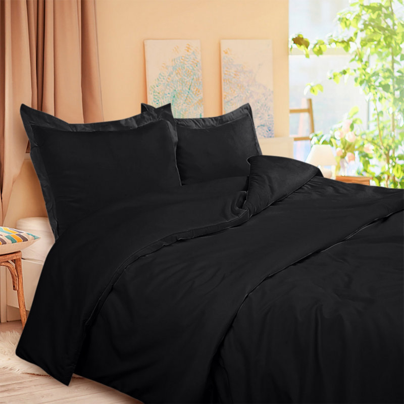 Ensemble de housse de couette en microfibre , Noir, Housse de couette double + 2 taies d'oreiller stan