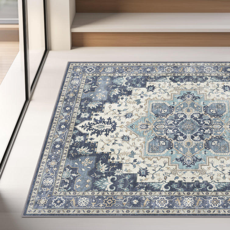 Oriental Blue Area Rug Vintage Washable Non-Slip Indoor Rugs