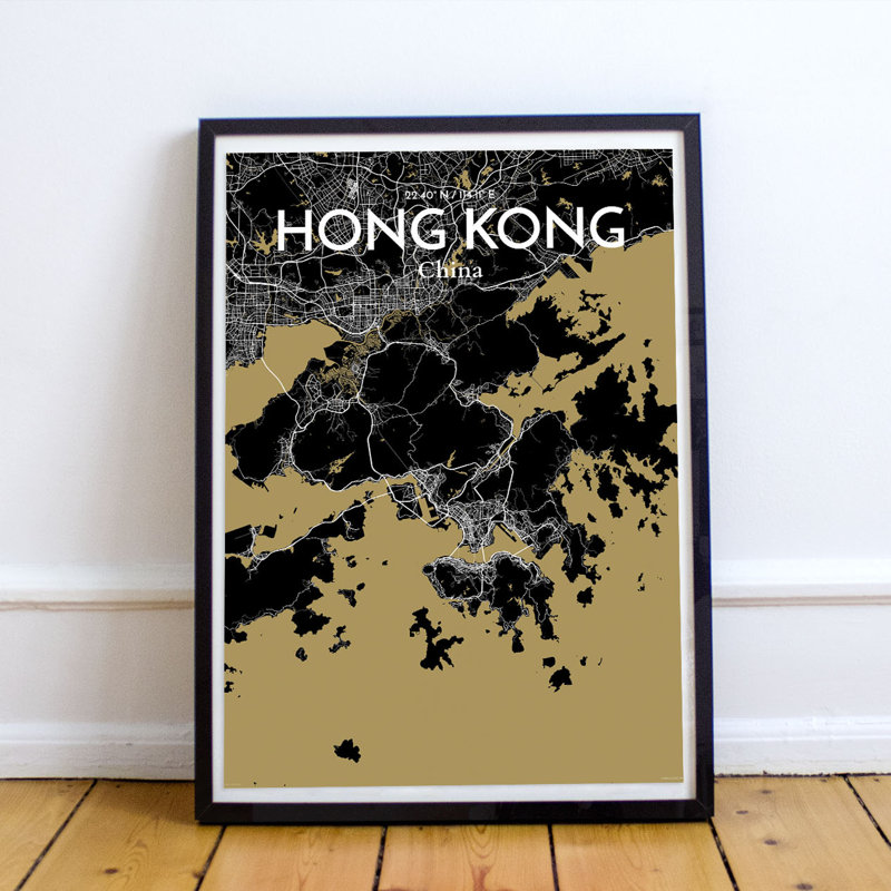 Hong Kong City Map - Unframed Graphic Art Print on Paper, 43.2cm H x 27.9cm W x 0.13cm D, Yellow/Black