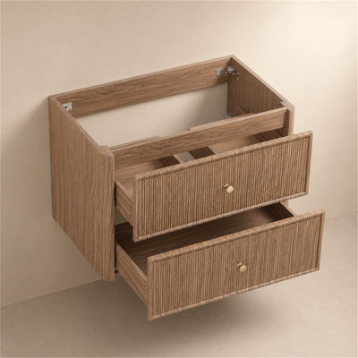 30" Wall Mounted Single Bathroom Vanity Cabinet Base Only, Mid-Century Modern Fluted Wood Floating Vanity Cabinet with Curved Corners, 2 Soft-Close Drawers