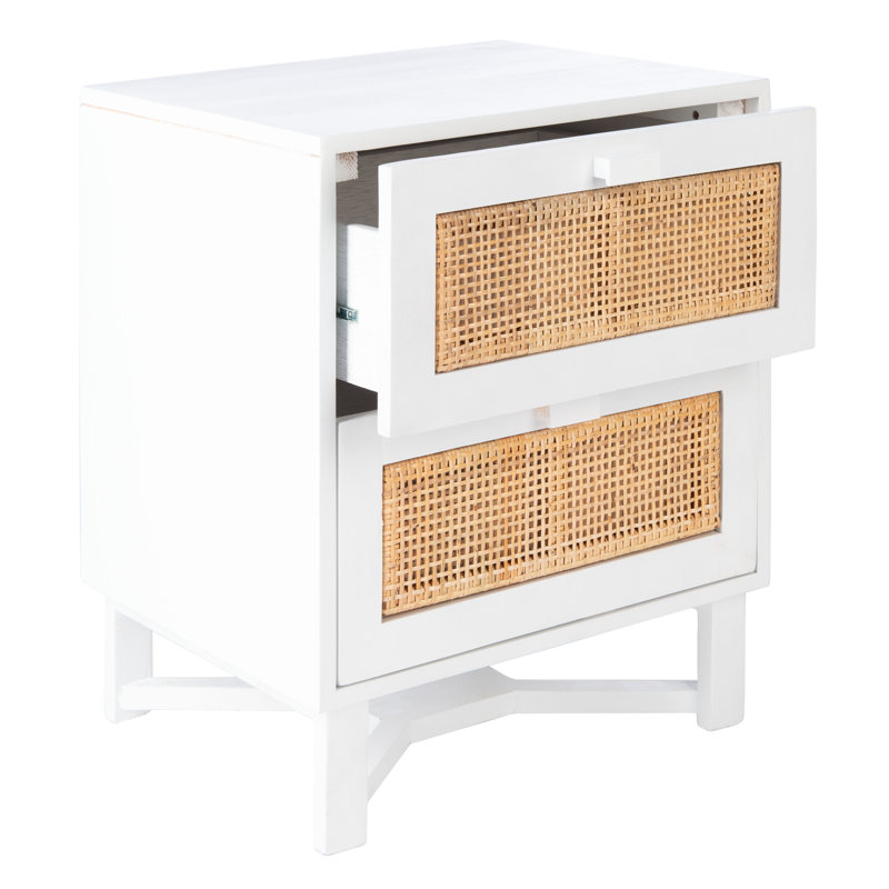 Boatwright 18'' W Nightstand – Contemporary Coastal Table with Rattan Cabinet & Crossed Base Design, White/Natural