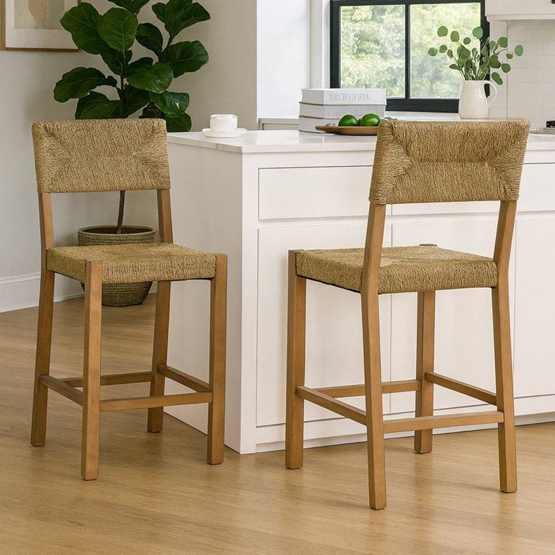 Cledia 21" Wide Rustic Farmhouse Style Solid Wood Ratten Seat Counter Stool