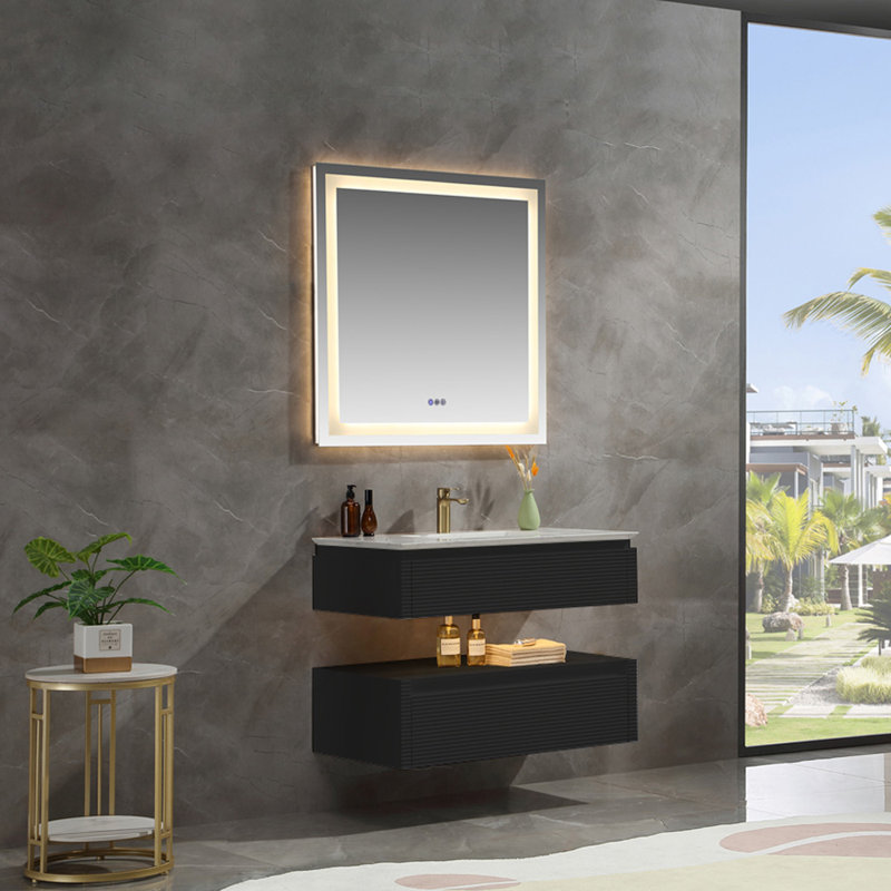 Meuble-lavabo simple mural moderne en bois massif de 36 po avec plateau en marbre et lumière, Noir