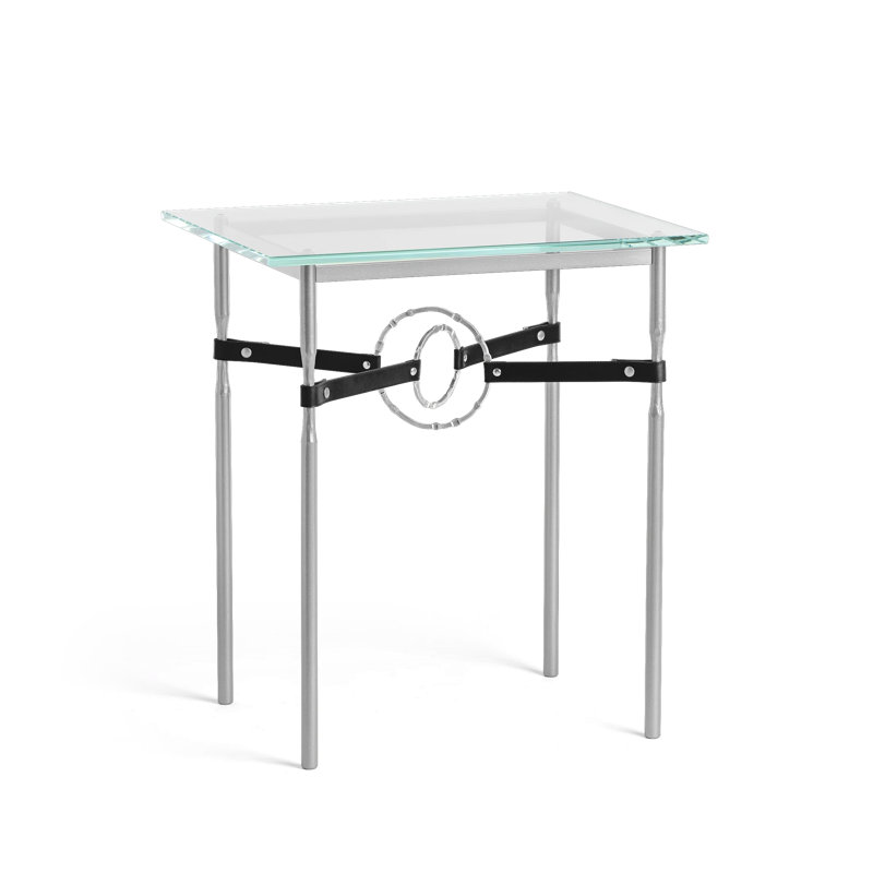 Equus Glass Top Side Table, Sterling with Black Leather, Vintage Platinum