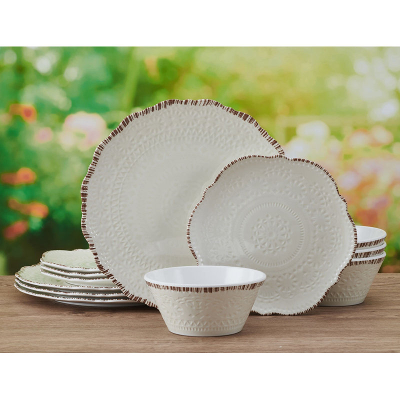 White Embossed Melamine Dinnerware Set, Service for 4