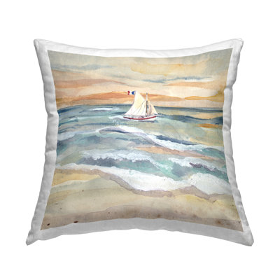 Design de coussin décoratif imprimé Watercolor Boat Beach View par Audrey Jeanne Roberts