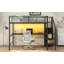 Lit mezzanine double en métal avec bureau, escalier de rangement, petite armoire et lumière DEL, noir