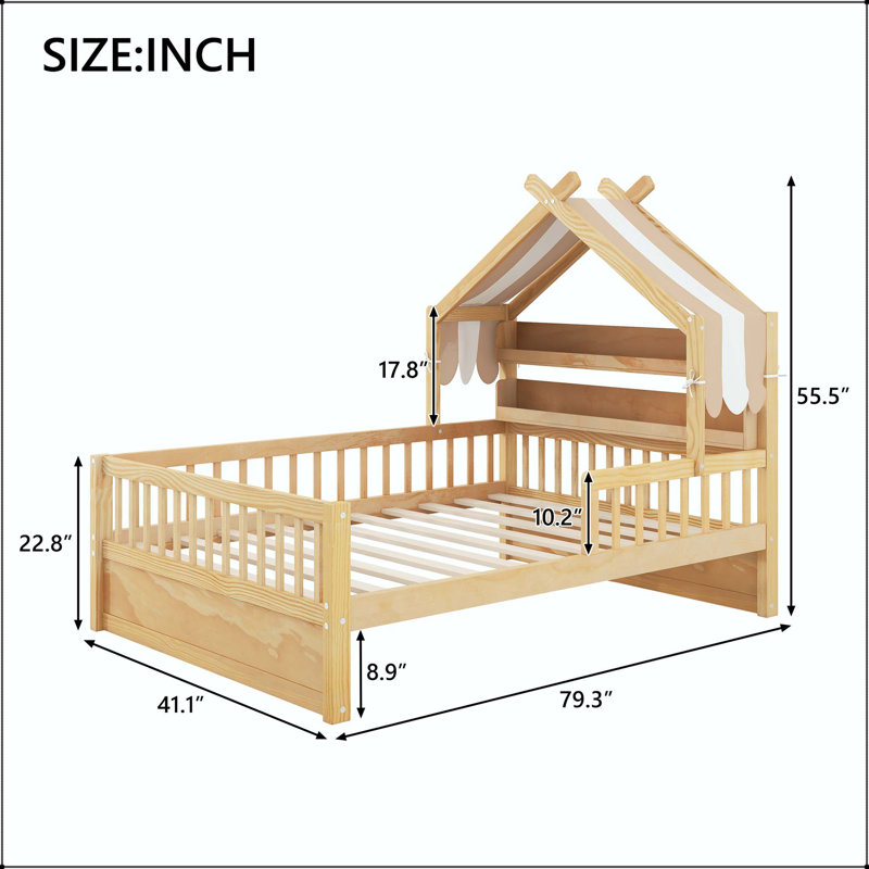 Lit simple en bois avec tablette et tête de lit, Naturel, Lit simple
