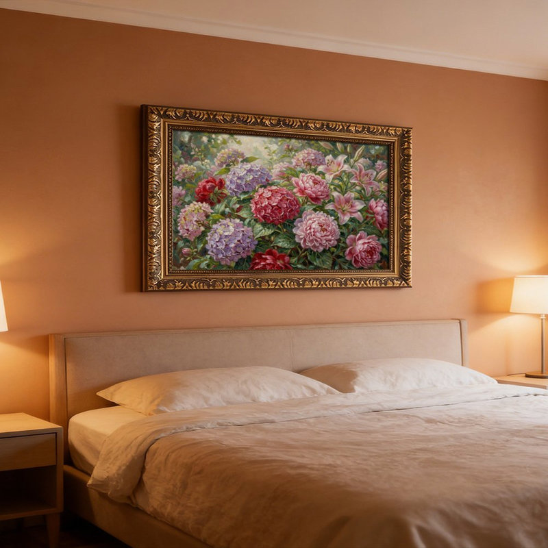 Cadre mural vintage orné d'hortensias et de pivoines – Cadre décoratif doré pour œuvres d'art., L 12 po x l 18 po