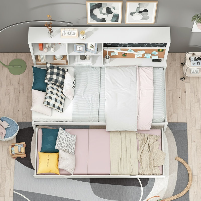 White Twin Daybed with Storage Shelves, Chalkboard, Corkboard, USB Ports & Twin-Size Shelving, Twin