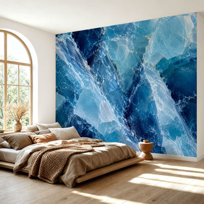 Papier peint adhésif à peler et coller, fissures de marbre bleu foncé abstraites en forme de cristal, papier autocollant amovible, décoration murale pour salon Chambre à coucher H 69 po x l 96 po