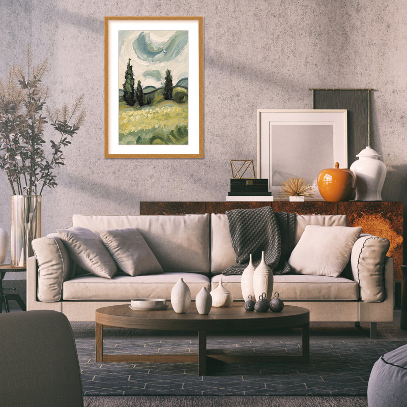 Nature Inspired Whirlwind Dreams: Abstract Swirls Of Hills And Cloudy Skies, Gold, Framed Matted Print