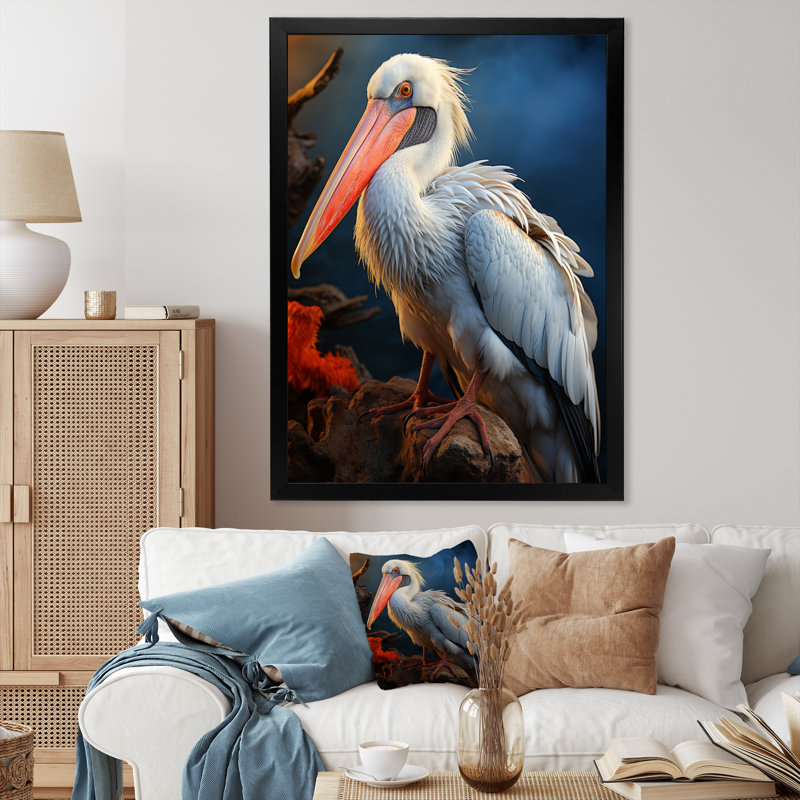 Corail blanc, animal, pélican - Reproduction d'art mural animaux, H 20 po x l 12 po x P 1 po, Cadre d'angle fermé noir