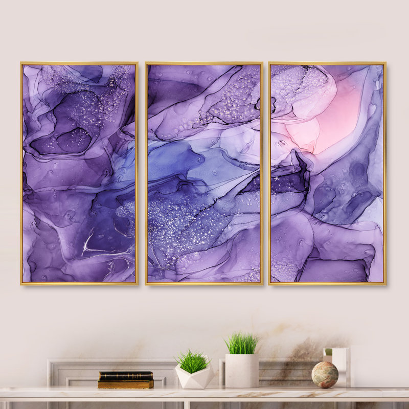 Mauve et rose, art liquide translucide - 3 pièces, reproduction sur toile, H 20 po x l 36 po, Or