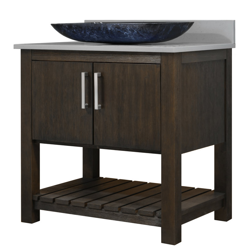 Meuble-lavabo simple de 36 po avec comptoir en quartz gris orage, vasque en verre peint et quincaillerie en nickel brossé