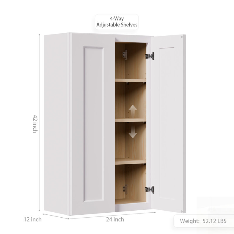 Armoire murale en bois massif Shaker, H 42 po x l 24 po x P 12 po, Blanc