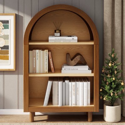 Modern Arched Bookcase With 3 Shelves, Walnut Wood Storage Cabinet For Living Room, Bedroom