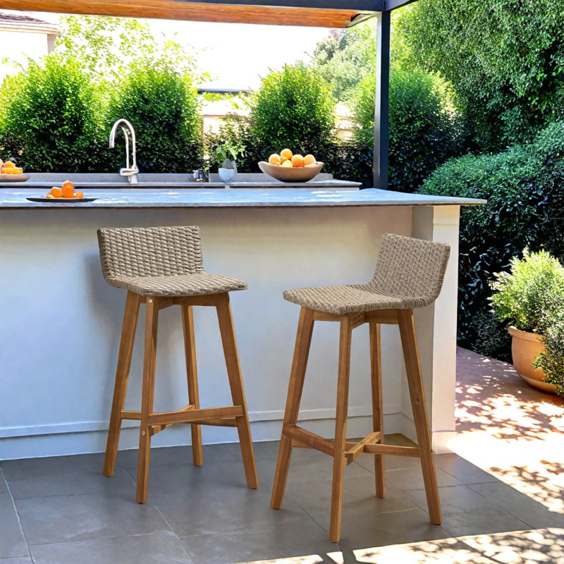 Oxendine Outdoor 30.75'' Bar Stool, Teak Frame / Light Brown Cushion
