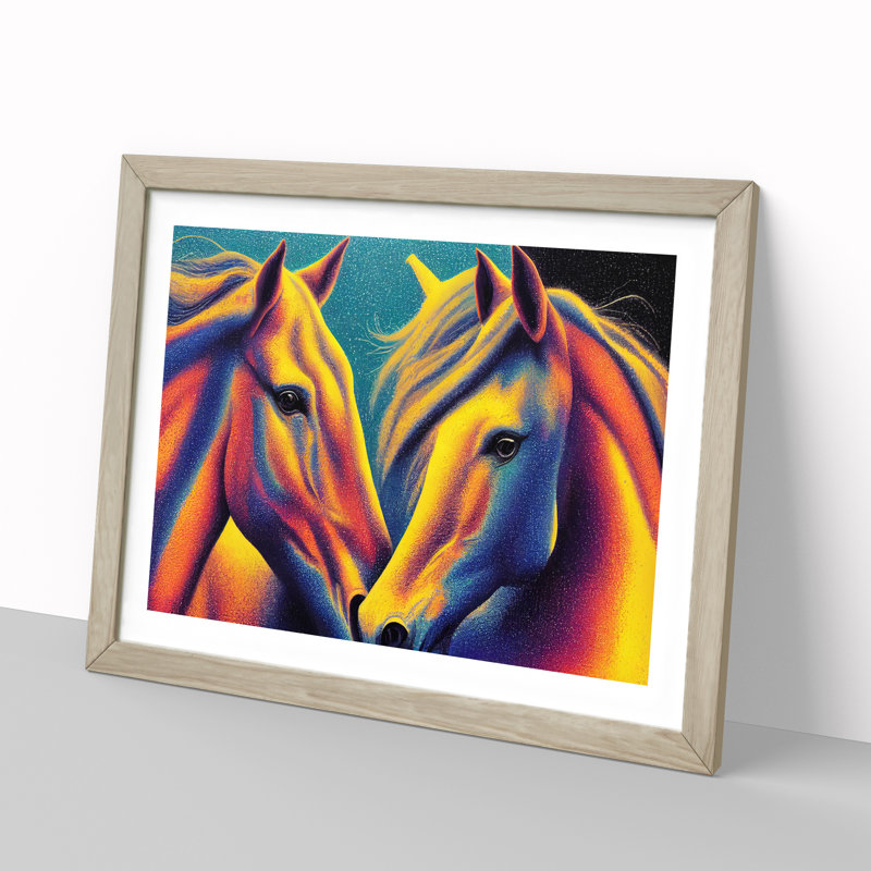 Two Colourful Horses - Framed Print, 25cm H x 34cm W x 2cm D, Oak  Framed