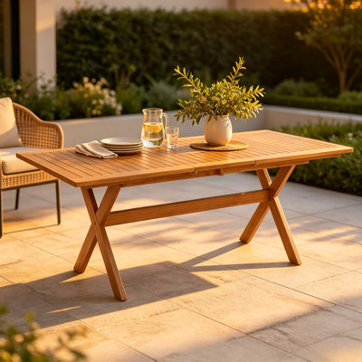 Table de salle à manger extensible en bois d'acacia pour le patio, table d'extérieur en teck avec pieds en X pour le jardin Alfresco