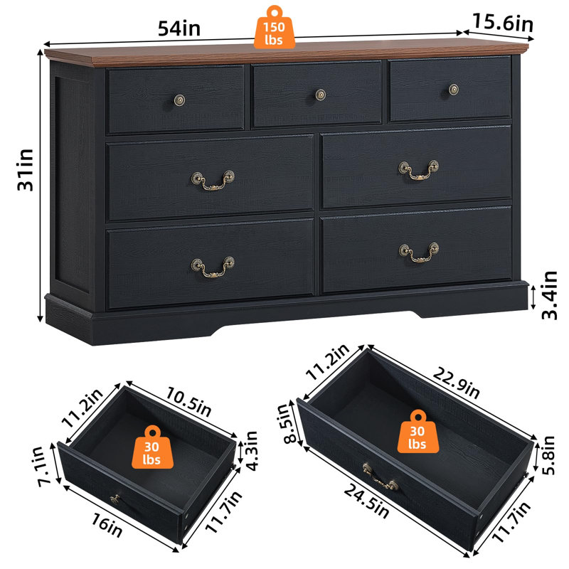 Farmhouse 7 Drawer Dresser for Bedroom,54" Wide Wood Rustic Chest of Drawers,Farmhouse Chest of Drawers for Bedroom,Wood Drawer Organizer for Bedroom,Hallway (Black)