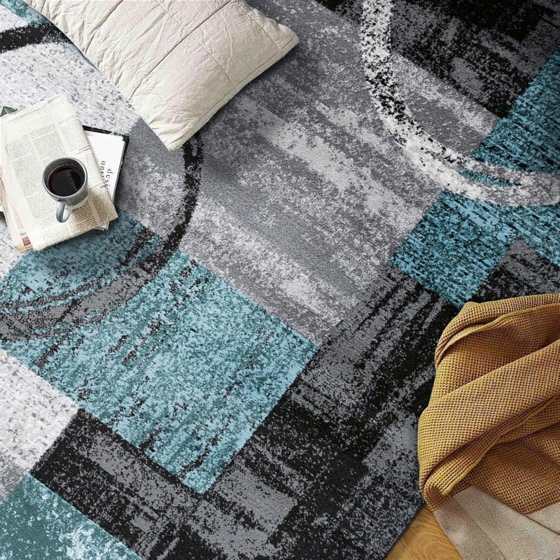 Tapis moderne performance gris, ivoire et bleu à motif abstrait Fanton, Tapis de couloir 2 pi x 7 pi 3 po, Bleu/gris
