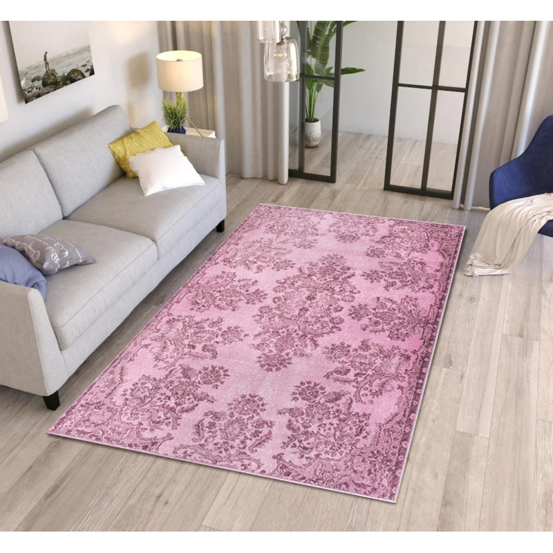 Tapis décoratif rose à motif tissé rétro, Rectangle 7 pi 7 po x 10 pi 10 po