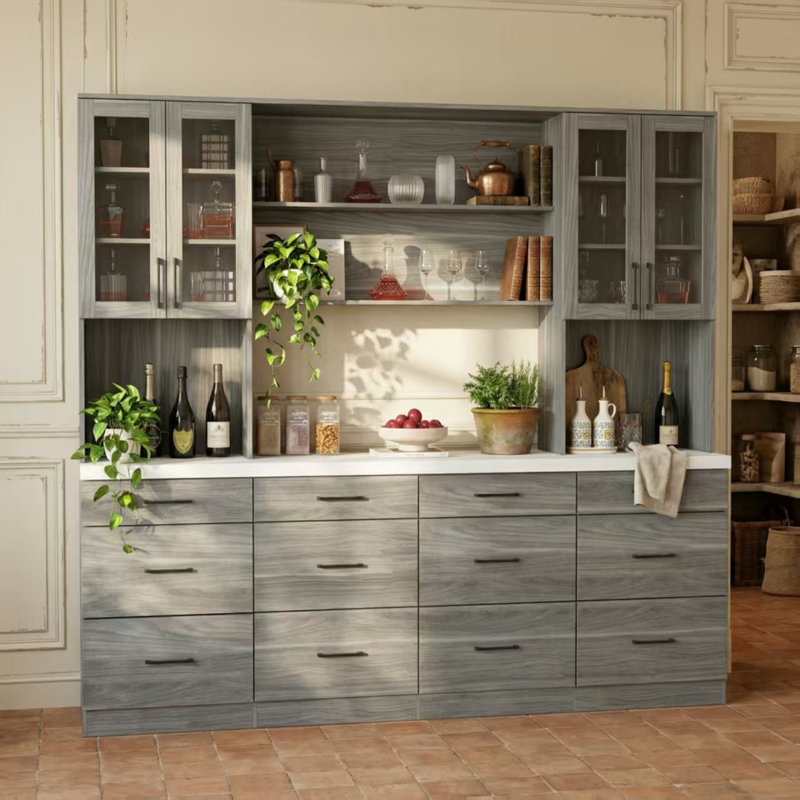 94.5" Wide Large Wine Bar Cabinet With 12 Drawers & Glass Doors, Gray