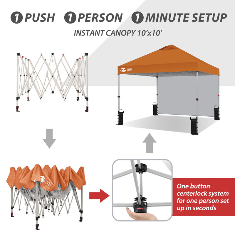 10 Ft. W x 10 Ft. D Steel Pop-Up Canopy Beach Tent with 1 Side Wall, Orange