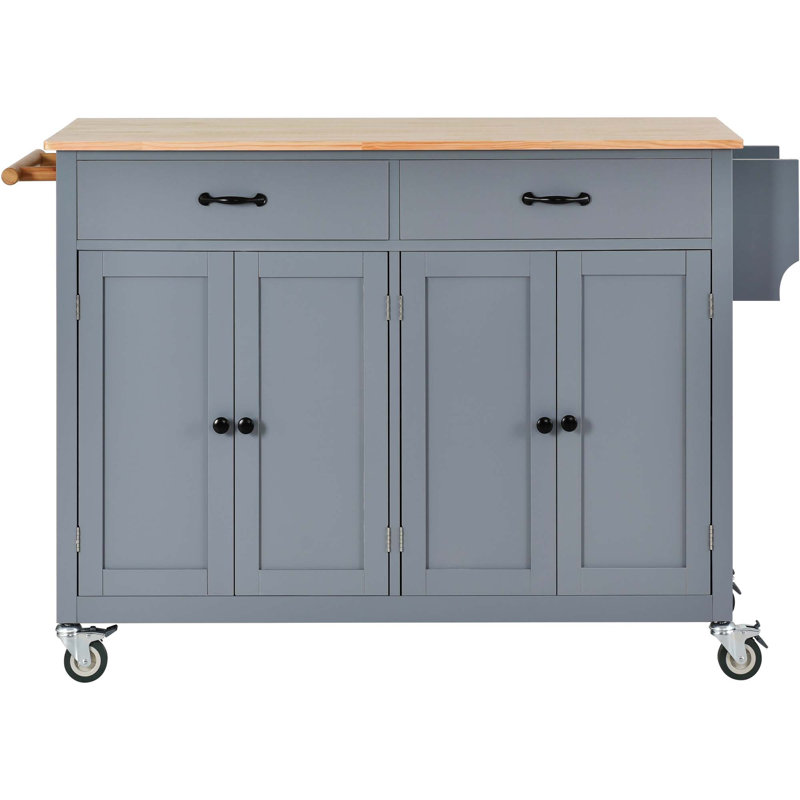 Chariot pour îlot de cuisine avec plateau en bois massif et roulettes verrouillables, armoire à 4 portes et deux tiroirs de 54,3 pouces, support à épices, porte-serviettes (bleu)