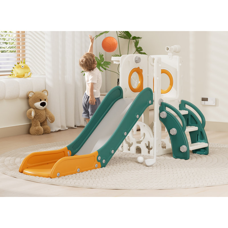 Ensemble de glissade 7 en 1 pour tout-petits d'intérieur pour bébé d'âge extérieur 1-3 avec basket-ball de golf, vert et jaune