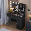 Bureau de coiffeuse avec miroir et 3 modes d'éclairage, coiffeuse de maquillage avec plateau en verre et tablettes de rangement, coiffeuse avec 2 tiroirs et armoire, noir-403641669