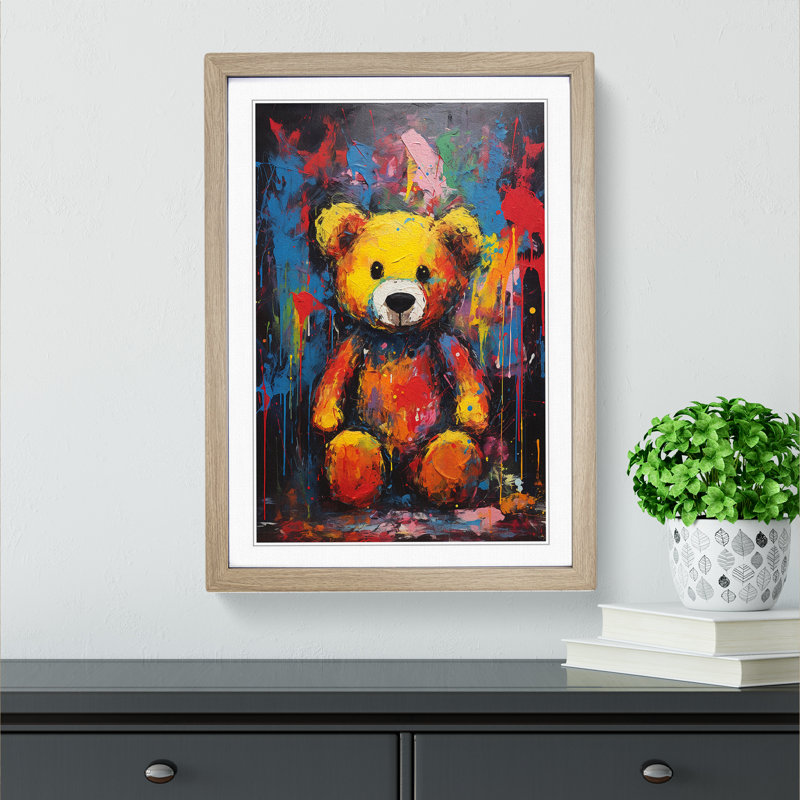 Teddy Bear Expressionism No.2 - Single Picture Frame Print on Wood, Oak Framed, 46cm H x 34cm W