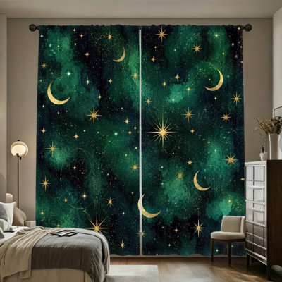 2 Pieces Celestial Moon Starry Sky Green Galaxy Nebula Style Light Filtering Curtains, Aesthetic Spring Refresh Decor, Easy Hang Rod Pocket for Living Room Bedroom Dormitory Decoration